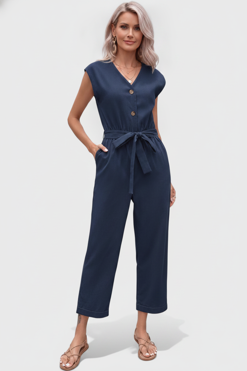 Marie | Sleeveless Cotton Jumpsuit with Tied Waist