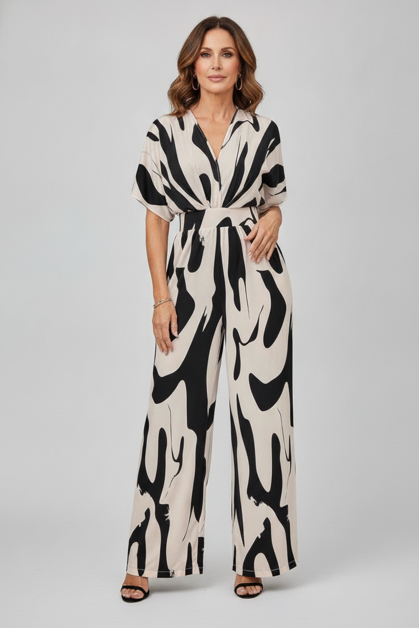 Zahara | V-Neck Abstract Wide-Leg Jumpsuit